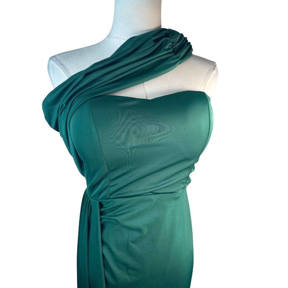 New Emerald Green Miss Ord Small One-Shoulder Draped Evening Gown Long Sleeve - Picture 9 of 16